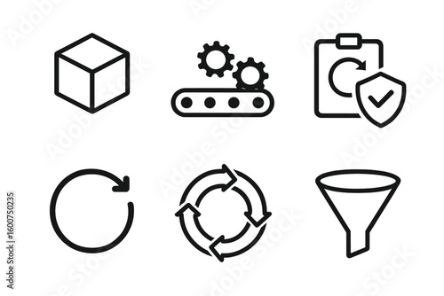 Icons depicting manufacturing processes and quality assurance in a production environment with a focus on efficiency and workflow