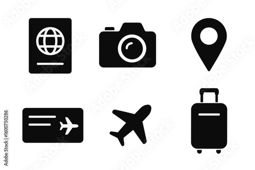 Travel essentials icons featuring passport, camera, airplane, and luggage for globetrotters and adventurers