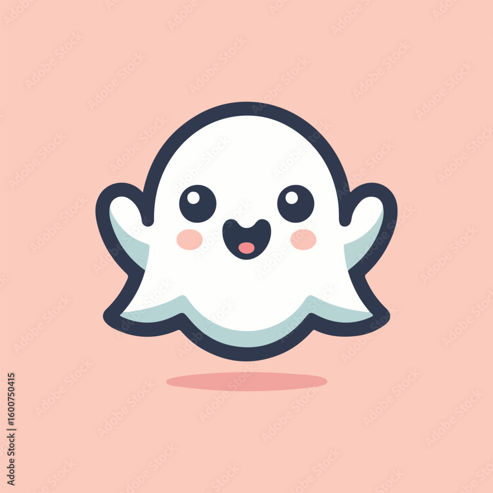 Fototapeta premium Adorable kawaii ghost character with big eyes and happy smile floating on a soft pink background