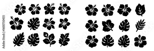 Decorative tropical flower and leaf silhouettes arranged in various patterns on a white background