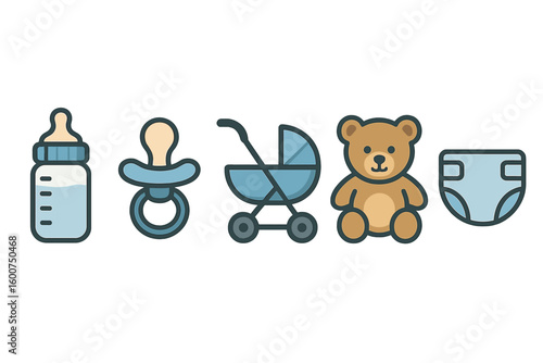 Baby essentials collection including bottle, pacifier, stroller, teddy bear, and diaper for new parents