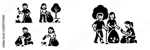 Community clean-up event at the local park involving children and adults working together to protect the environment