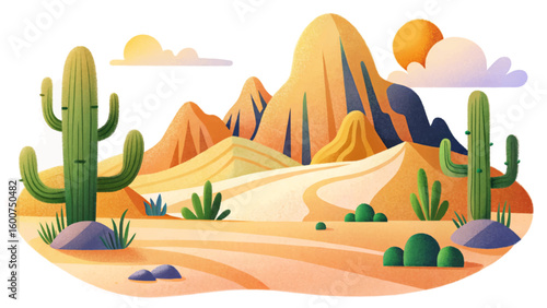 vector illustration of a daytime desert landscape flat with mountains, cacti, sand dunes, and isolated sky. Ideal for cartoons, games, backgrounds, and educational nature scenes