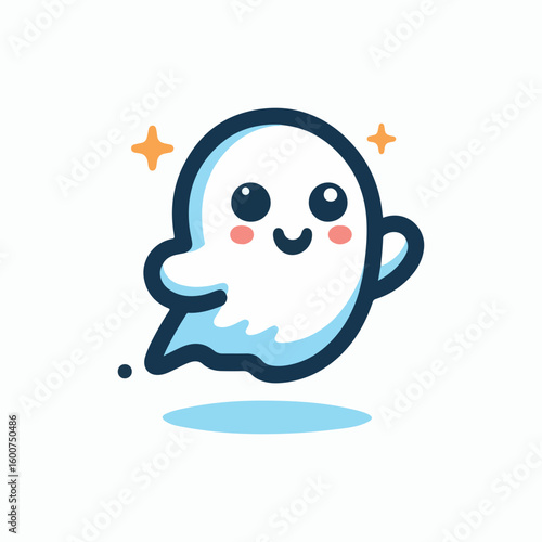 Adorable kawaii ghost character floating happily with sparkles and a cute smile
