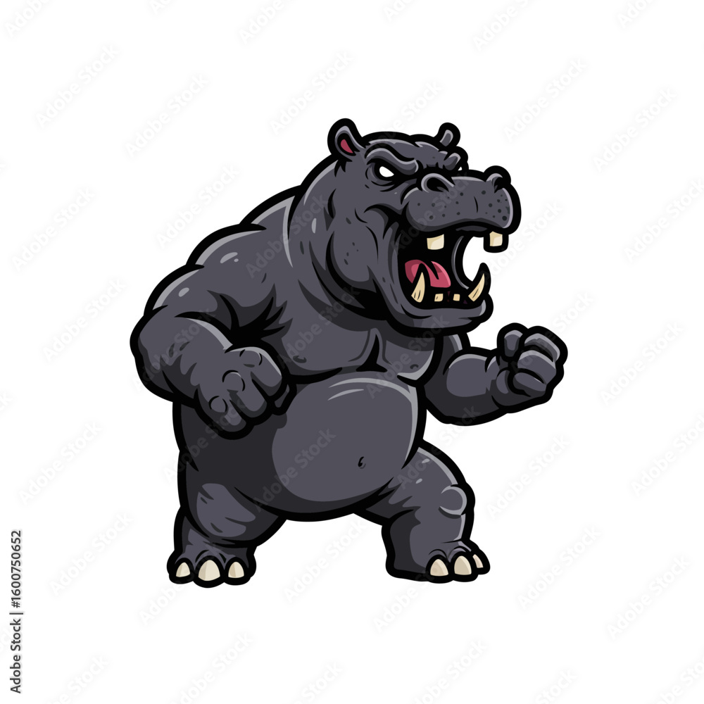 Obraz premium Cartoon hippopotamus standing aggressively with clenched fists and an open mouth, showing teeth.