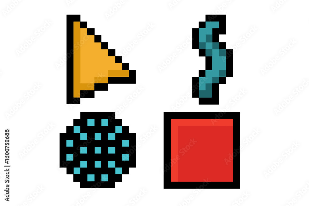 Fototapeta premium Colorful pixel art shapes displayed on a digital background featuring a triangle, wavy line, circle, and square