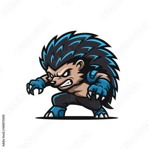 Cartoon hedgehog character with an aggressive expression, claws out, ready to attack.