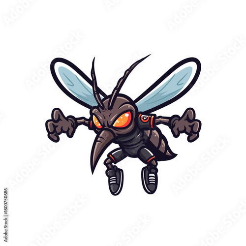 Cartoon mosquito character with an angry expression, wearing sneakers and ready to attack.