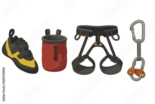 Climbing gear essentials including shoes, chalk bag, harness, and carabiner set for outdoor enthusiasts