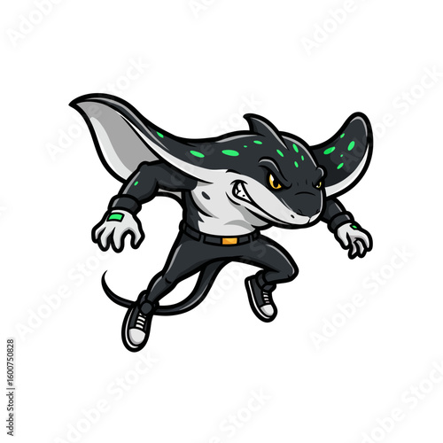 Cartoon stingray character wearing a superhero costume, striking a dynamic pose against a white background.