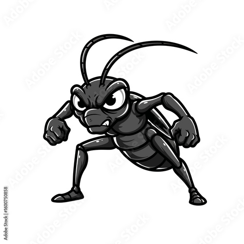 Cartoon illustration of an angry cricket in a fighting stance, depicted in grayscale.