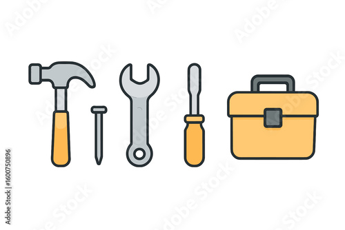Tools for home improvement projects including hammer, wrench, screwdriver, nail, and toolbox