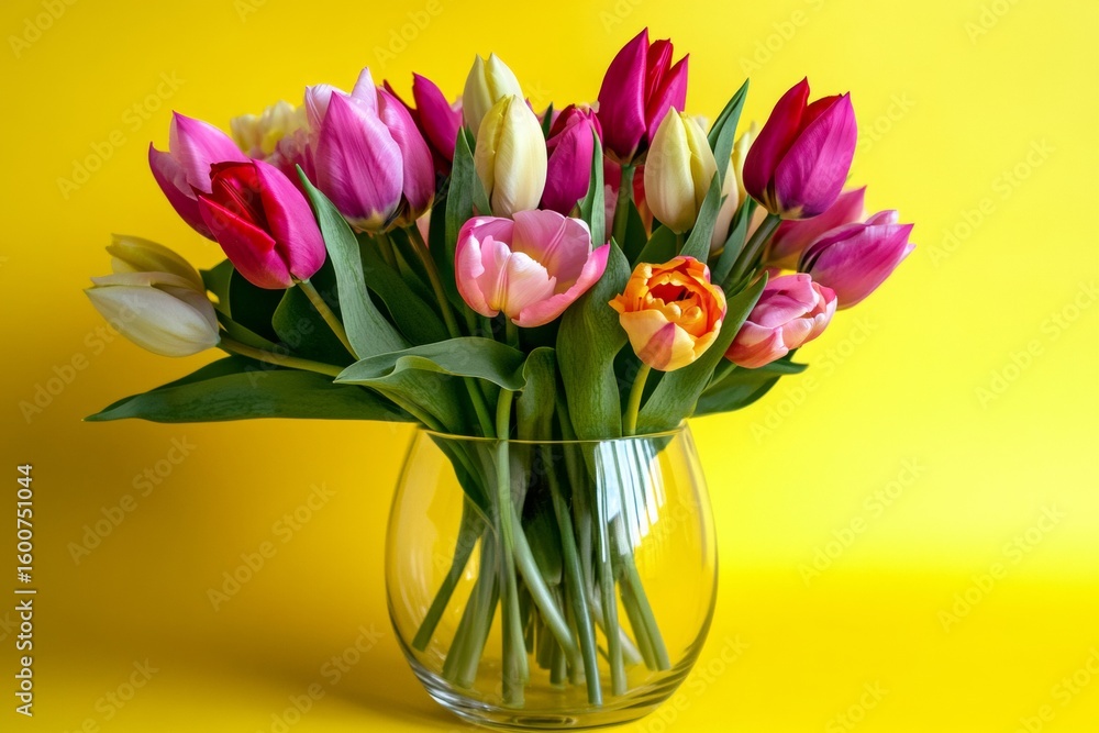 Fototapeta premium Colorful tulips in various shades fill a clear glass vase. The lively arrangement stands out against a bright yellow backdrop, creating a joyful and fresh atmosphere