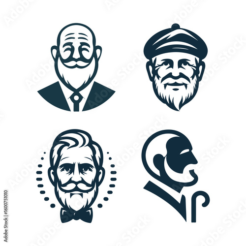Four distinctive vintage style portraits of elderly gentlemen with beards and mustaches