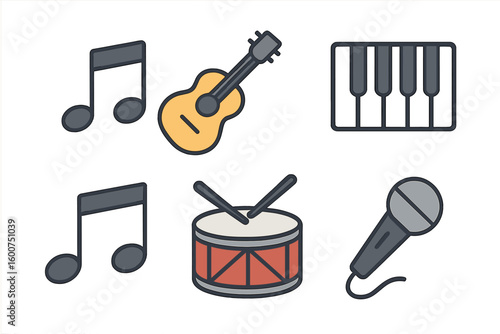Musical instruments and elements displayed in a creative arrangement showcasing the diversity of sound