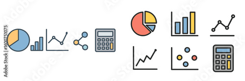 Various colorful data visualization symbols and calculation tools arranged in an organized manner for effective data presentation