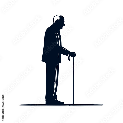 Silhouette of an elderly man with a cane standing outdoors