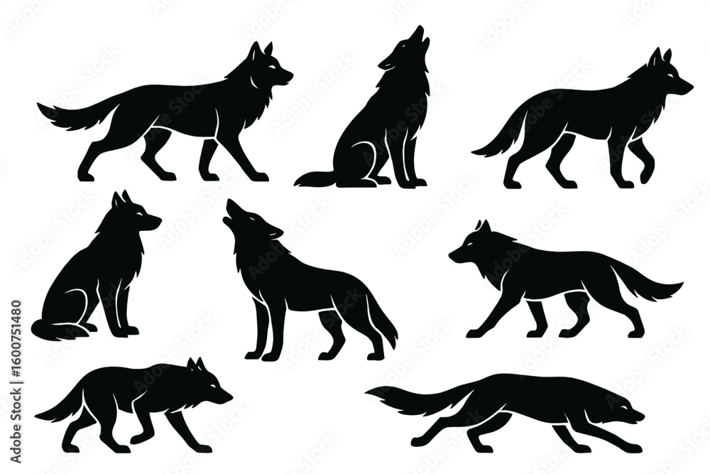 Obraz premium Various silhouettes of wolves illustrating different poses and movements during a night-time wilderness setting