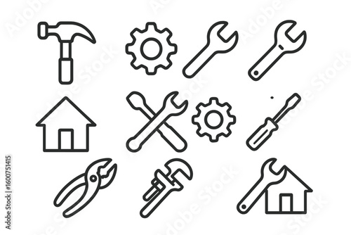 Tools and equipment for home repairs displayed on a white background showcasing various shapes and designs
