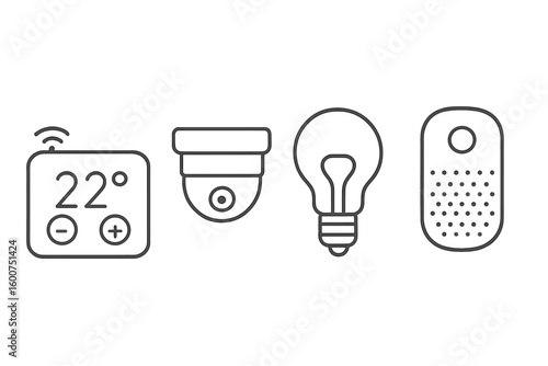 Modern smart home devices including a thermostat, security camera, light bulb, and smart speaker displayed in a simple layout