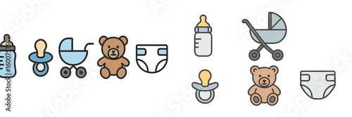 Icons depicting essential baby items including bottles, pacifiers, strollers, diapers, and teddy bears in a simple design