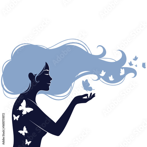 A woman's silhouette with flowing hair and butterflies emerging and flying around her a gentle and inspiring scene
