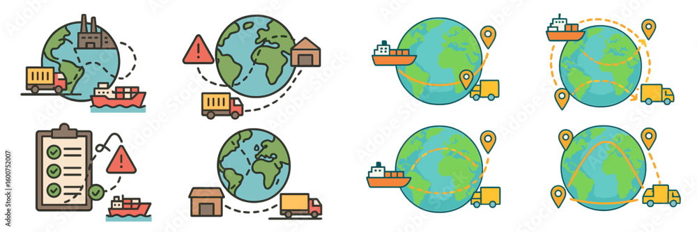 Fototapeta premium Global logistics network illustrating shipping, transportation, and supply chain processes across various locations and modes of transport