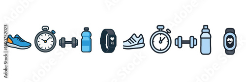 Fitness equipment and accessories for a workout session at a gym or outdoor setting in bright daylight