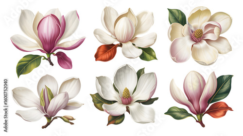 Elegant Magnolia Blossom Collection Botanical Illustrations isolated on transparent background