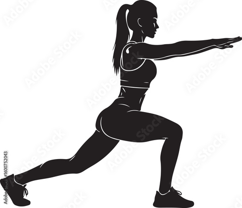 A vector illustration of a fit woman performing a lunge exercise with arms extended.
