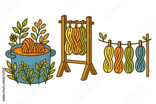 Colorful yarn drying by a pot in a garden setting under bright sunlight