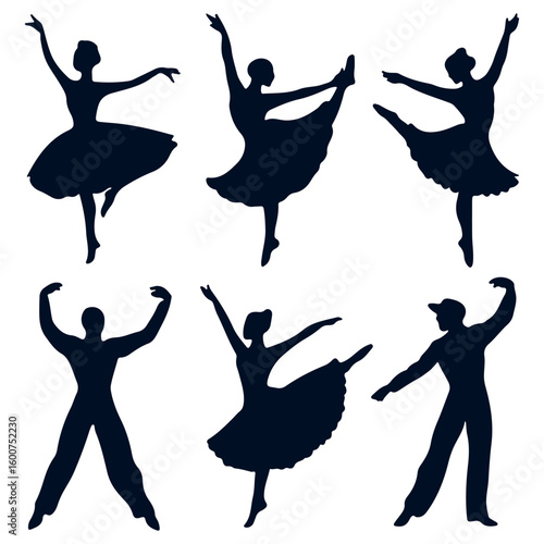 Six silhouettes of ballet dancers in various graceful poses on a white background