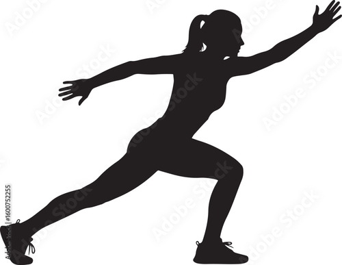 A vector illustration of a female silhouette in a dynamic lunge pose on a white background