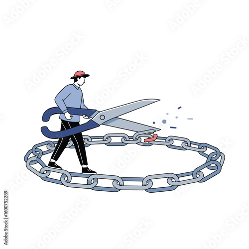 Man cuts chain ring freedom escape breaking boundaries innovation new beginnings liberation strategy
