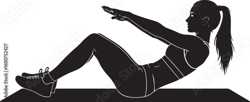 A high-contrast black silhouette illustration of a fit woman performing a core workout exercise on a floor mat.