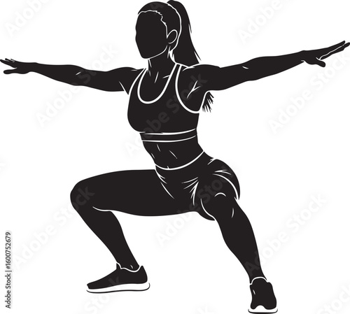 vector illustration of a fit female silhouette doing a wide squat exercise on a white background.