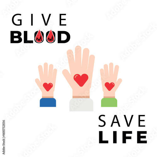 Give blood save life hands with hearts symbolize donation and saving lives
