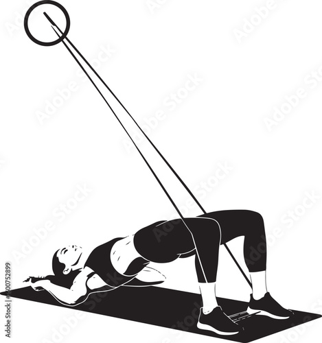 high-contrast black silhouette illustration of a fit woman performing a glute bridge with a resistance band, isolated on a white background.