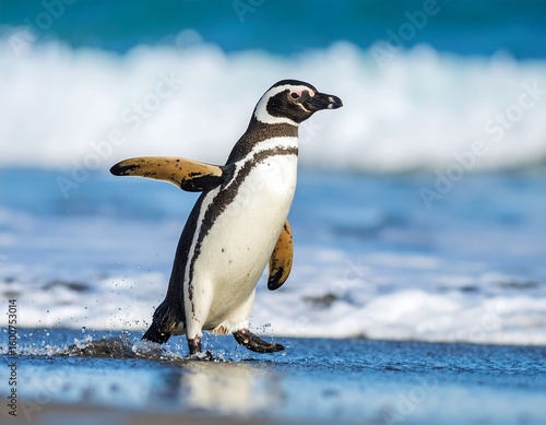 Penguin striding on the beach