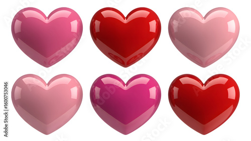 Six Shiny Hearts Valentines Day Graphics Love Symbols Romantic Icons isolated on transparent background