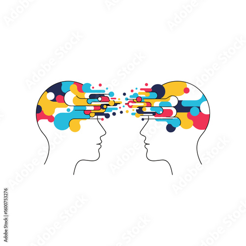 Abstract colorful ideas connecting two heads brainstorming creative concept art