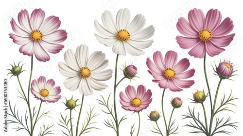 Cosmos Flowers Elegant Botanical Illustration isolated on transparent background