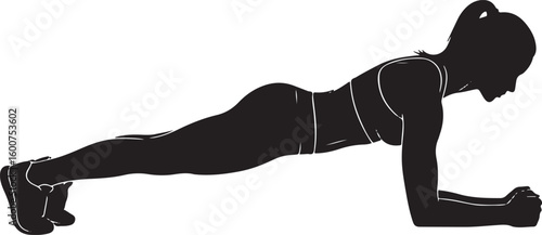A vector illustration silhouette of a woman holding a strong forearm plank pose.