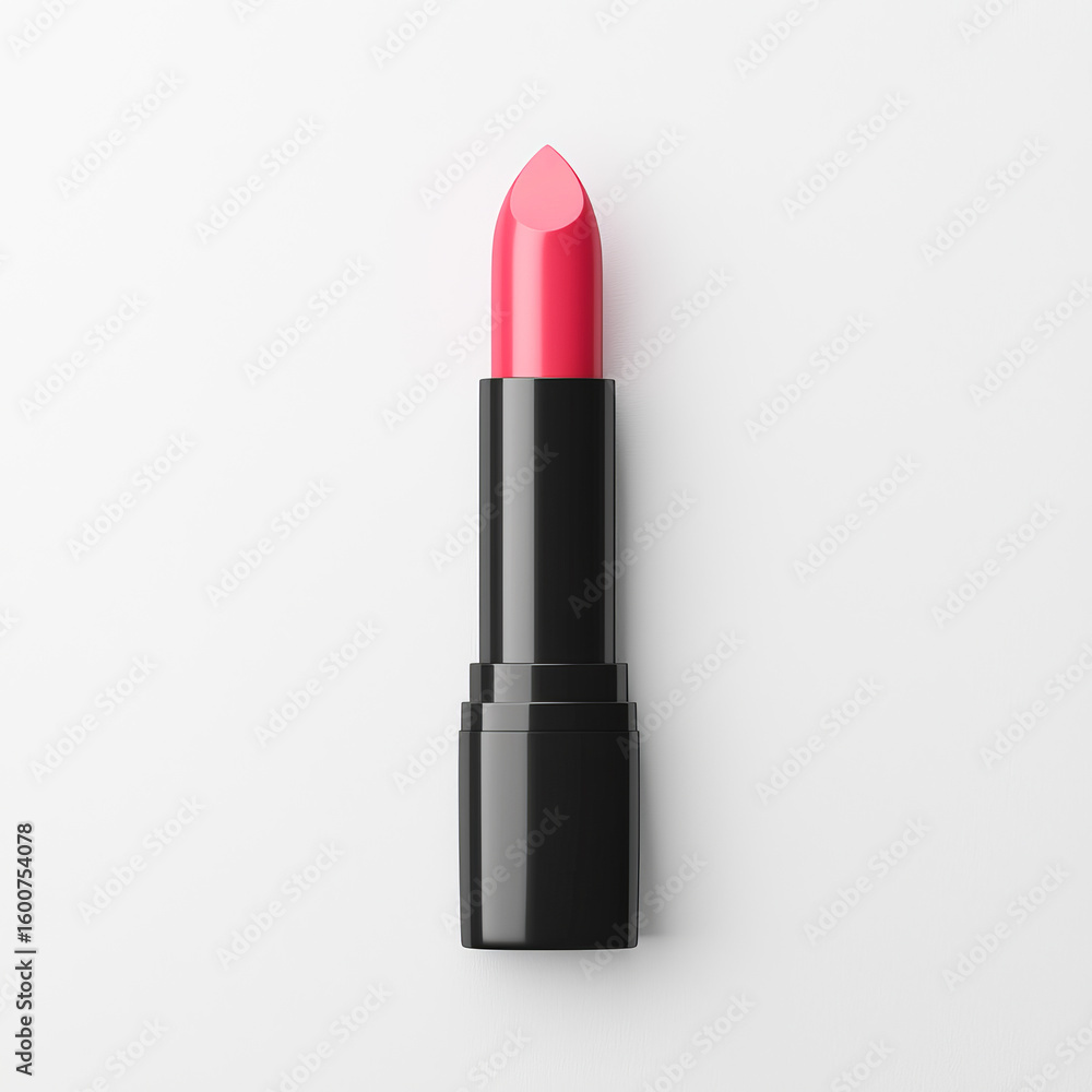 Obraz premium Bright pink lipstick in a sleek tube. A vibrant pink lipstick stands upright, showcasing its smooth texture and glossy finish on a plain background.