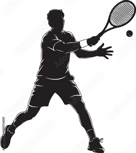 A vector illustration silhouette of a male tennis player hitting a forehand shot