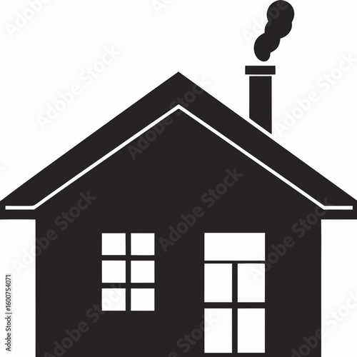 Simple black and white house icon with smoke coming from chimney