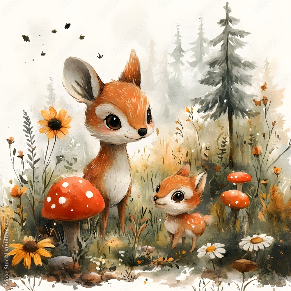 Fototapeta premium A whimsical watercolor illustration of two cute deer, mother and fawn, in a forest setting with mushrooms and wildflowers.