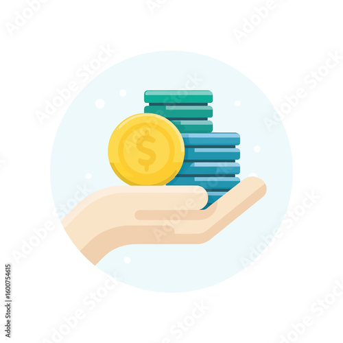 Coin Offering: A close-up image displays a hand offering a golden coin with stack of other coins in business context for finance, wealth, and investment.