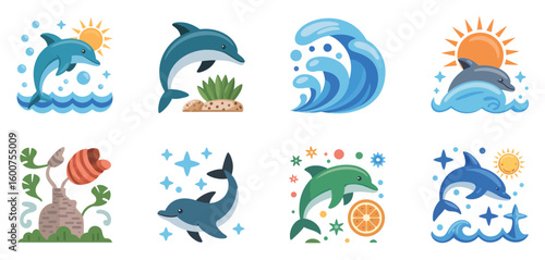 Collection of eight playful dolphin illustrations with ocean themes