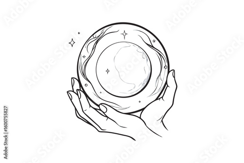 Mystical hands holding a crystal ball with stars and swirling energy black and white line art illustration
